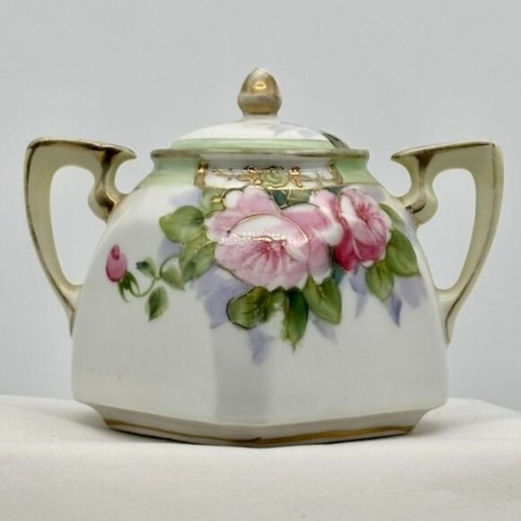 Nippon Other - Antique Nippon Hand Painted Double-Handled Small Sugar Bowl With Lid Pink Roses~